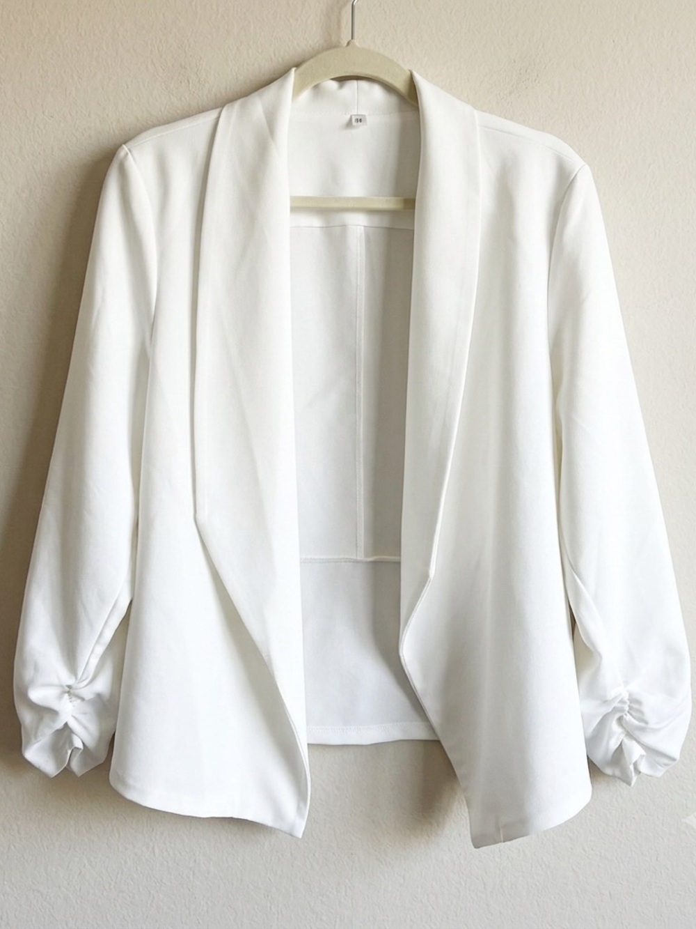Women's White Open-Front Blazer with Ruched Sleeves